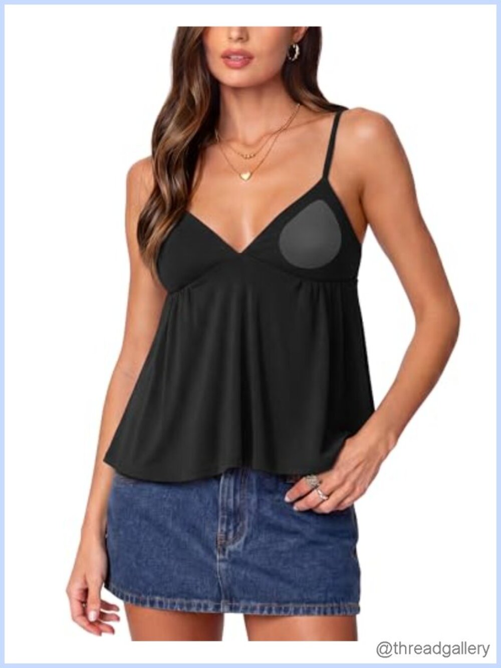 Women V Neck Babydoll Tank Top Built in Bra Peplum Cami Summer